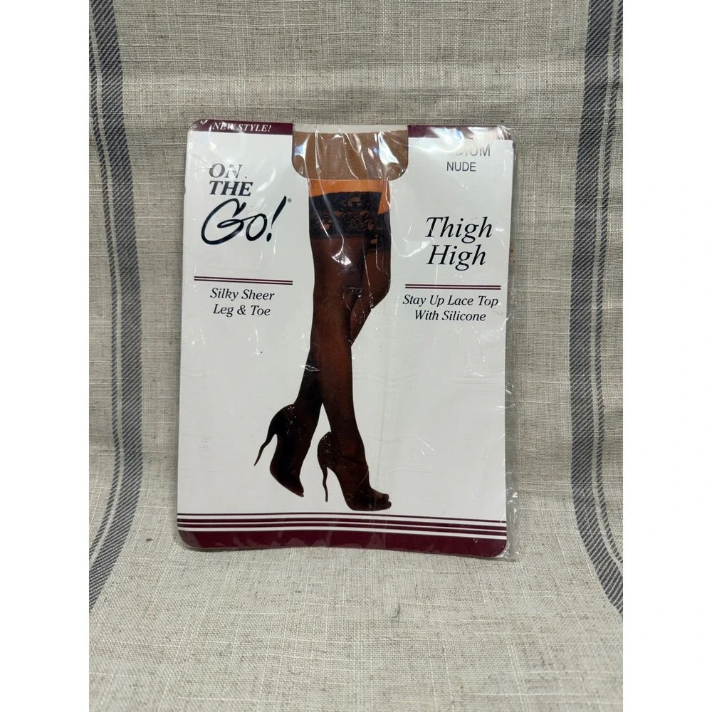 On The Go! Silky Sheer Thigh High Stockings Nude Stay Up Lace Top Silicone Sz M